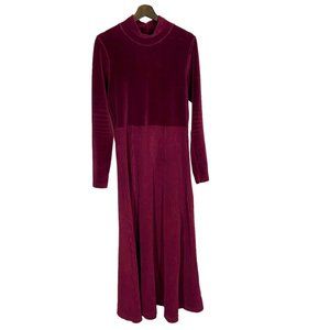 Vintage 90s Wine Red Long Sleeve Velvet Ribbed Mock Neck Full Length Dress Mediu